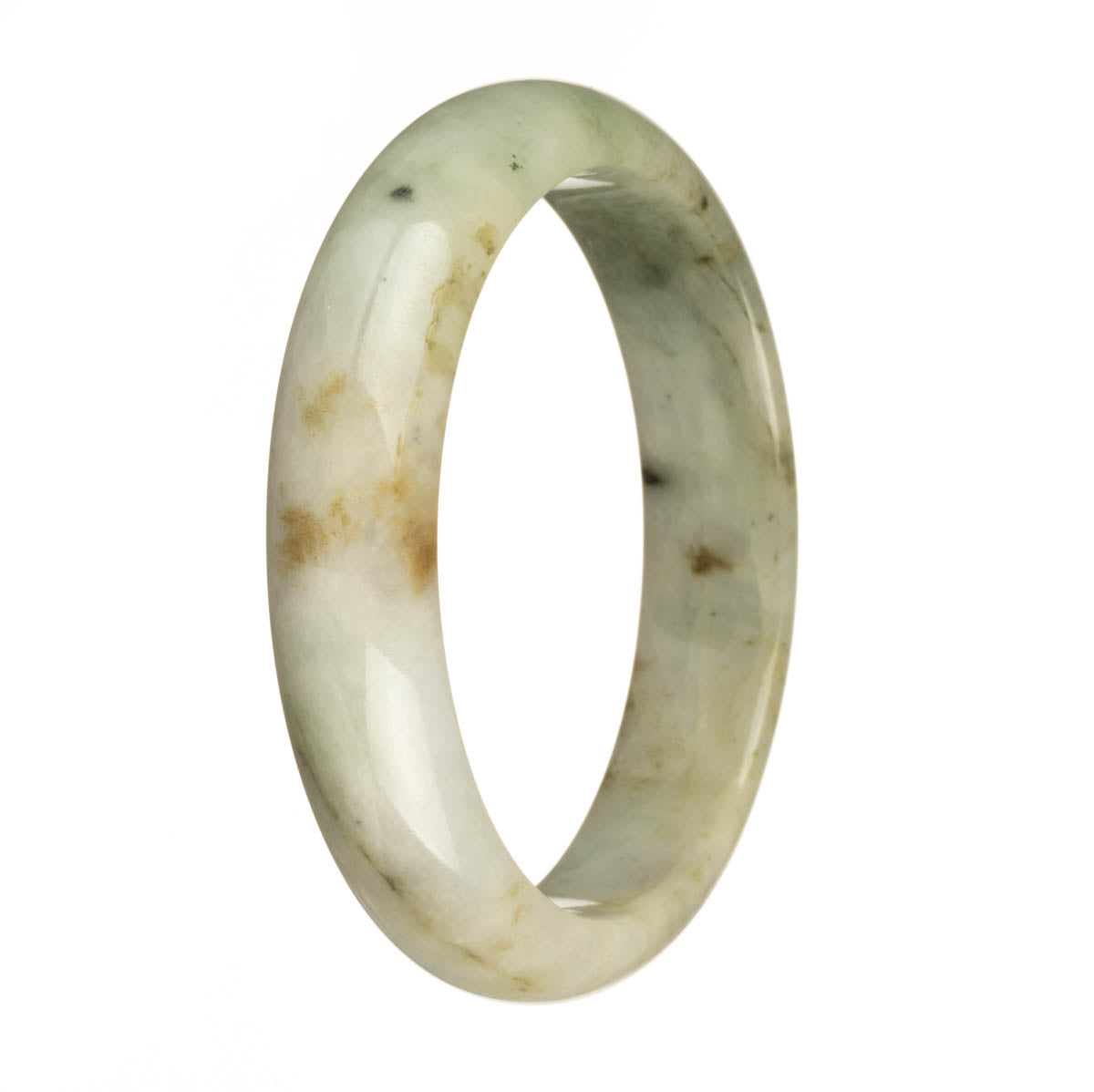 A half moon shaped jadeite jade bangle bracelet featuring a natural green and white color with brown spots, showcasing its authentic and unique beauty.