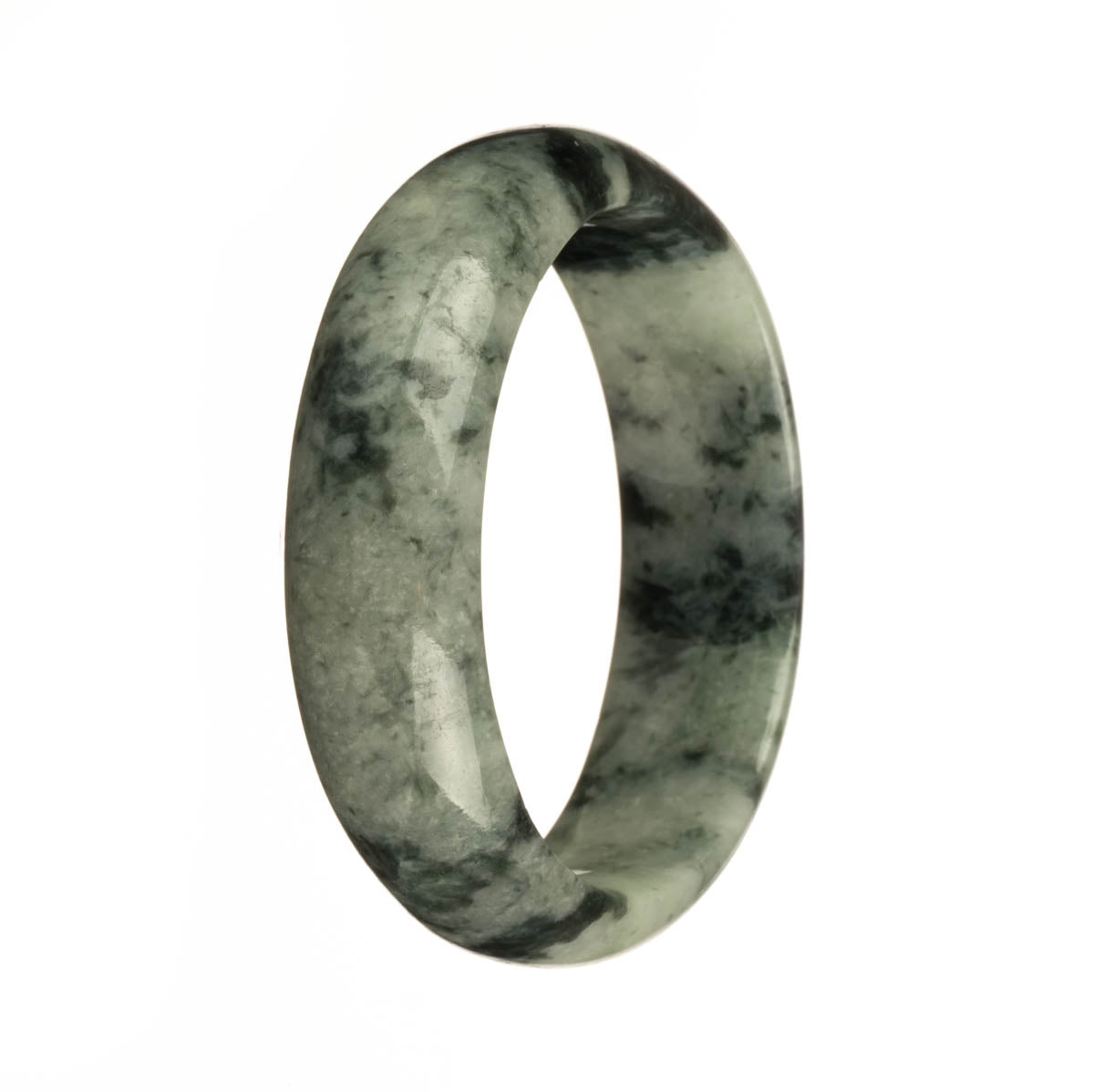 A pale green jade bracelet with dark green patterns, certified Grade A. The bracelet is traditional in style and measures 58mm in a semi-round shape. Sold by MAYS GEMS.