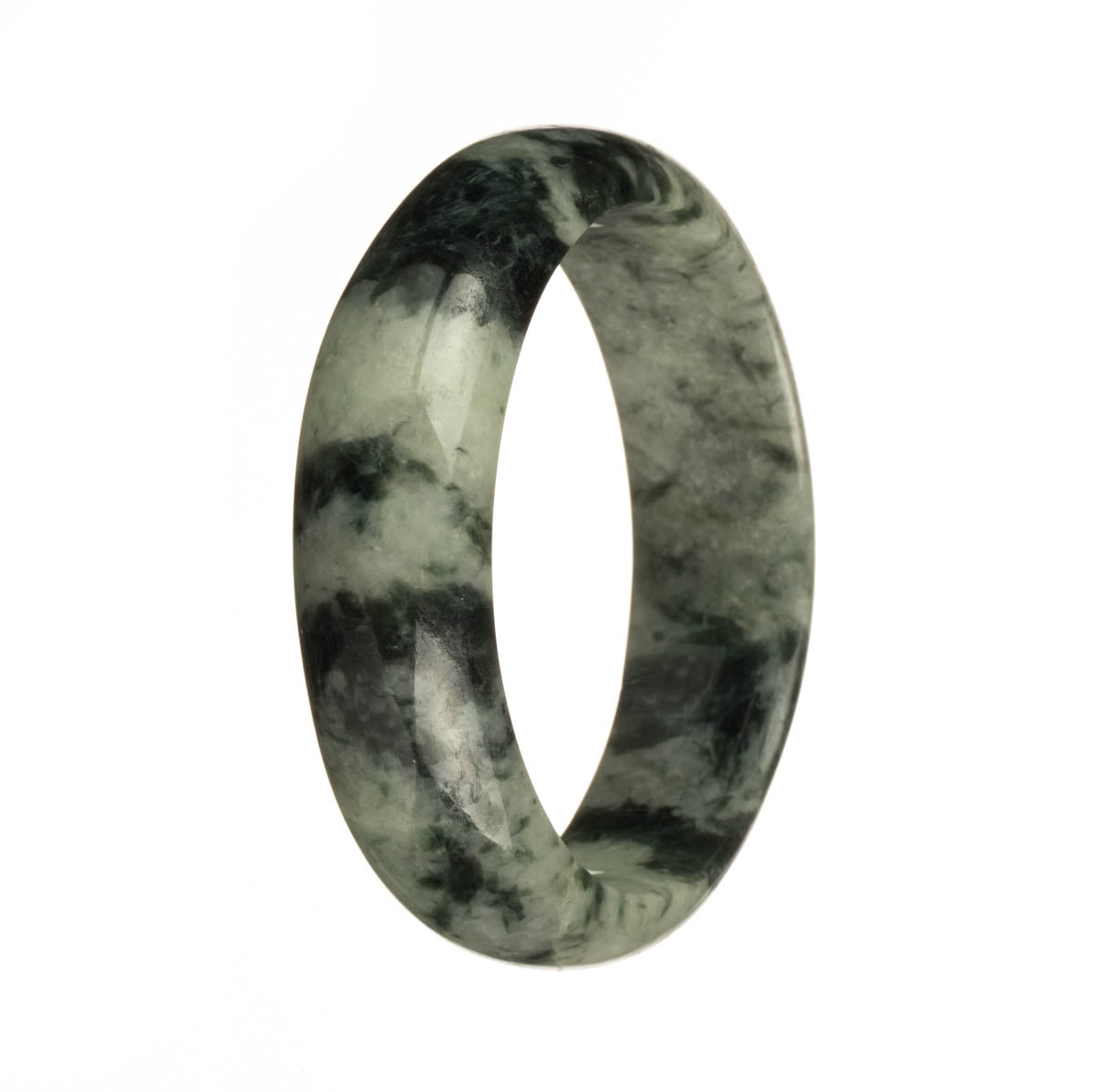 A beautiful pale green jadeite bangle bracelet with dark green patterns, measuring 58mm in a semi-round shape.