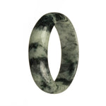 A beautiful pale green jadeite bangle bracelet with dark green patterns, measuring 58mm in a semi-round shape.