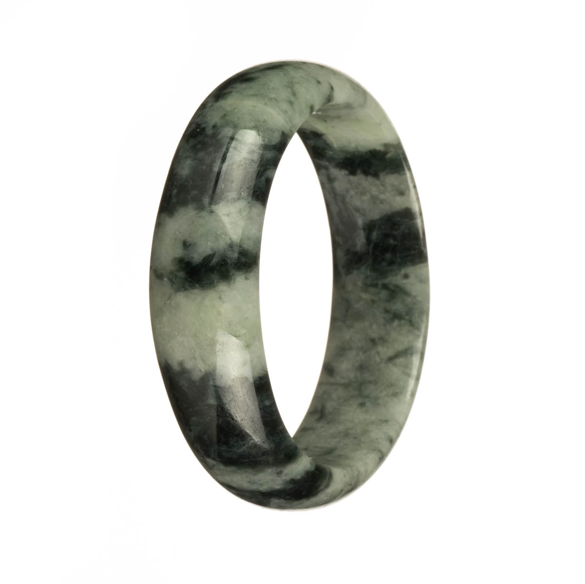 Certified Grade A Pale Green with Dark Green Patterns Traditional Jade Bracelet - 58mm Semi Round