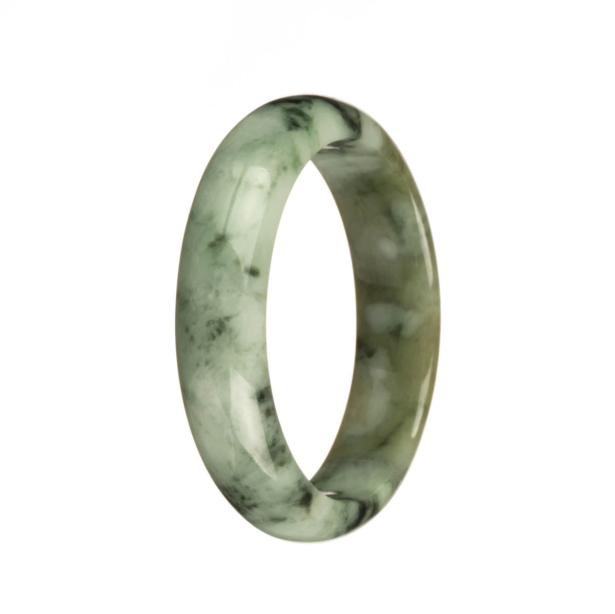 A half-moon jade bangle with a genuine untreated green color and a dark green pattern.