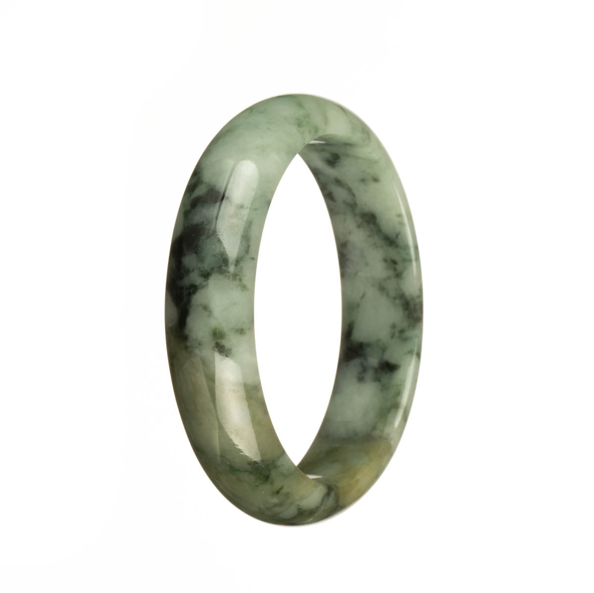 Real Untreated Green with Dark Green Pattern Traditional Jade Bangle - 55mm Half Moon