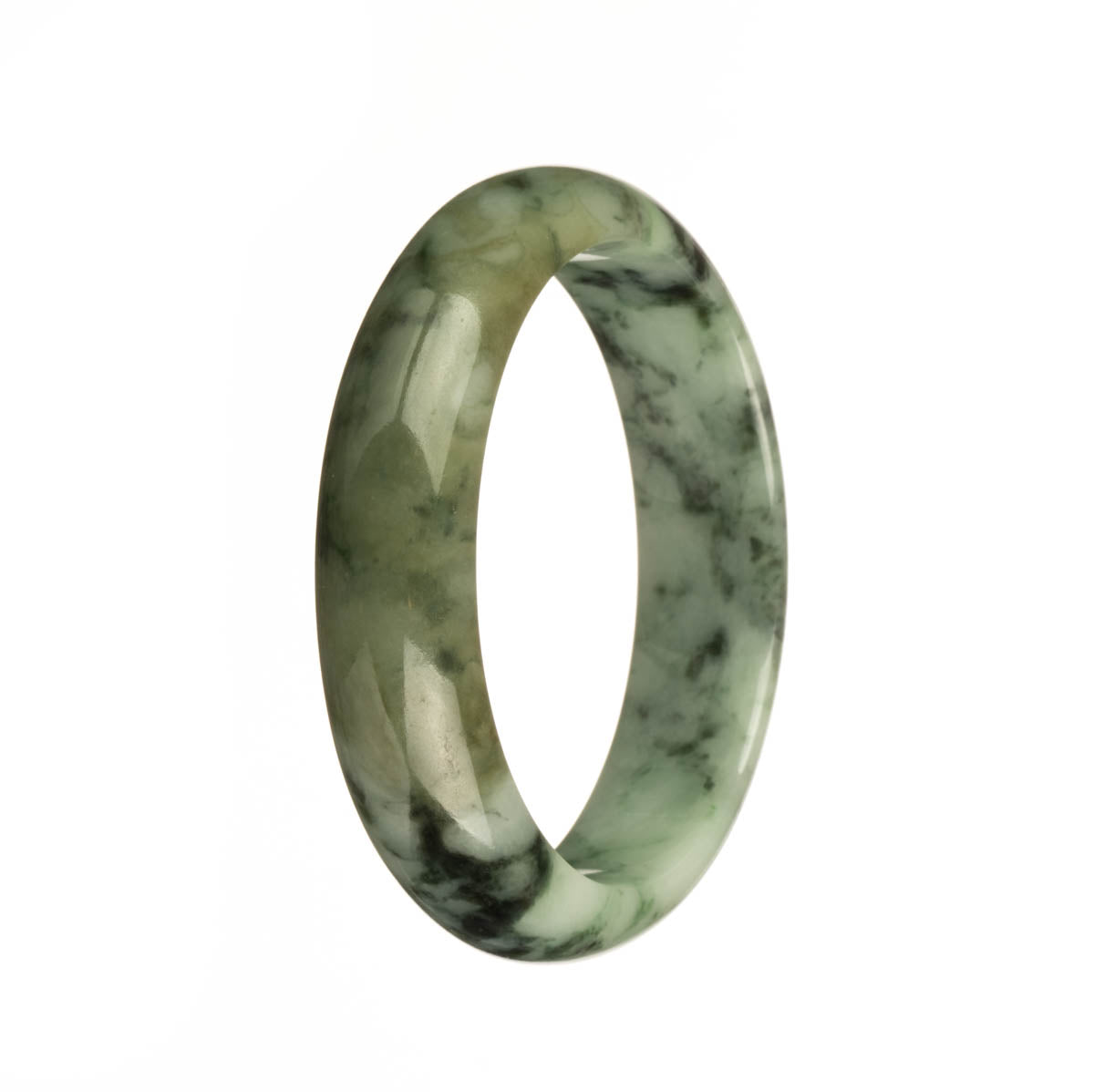 A half-moon shaped traditional jade bangle in real untreated green with a dark green pattern.