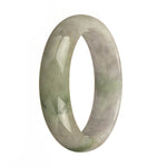 A lavender jade bangle with a green pattern, certified as untreated, in a traditional half moon shape, measuring 62mm. The brand is MAYS™.