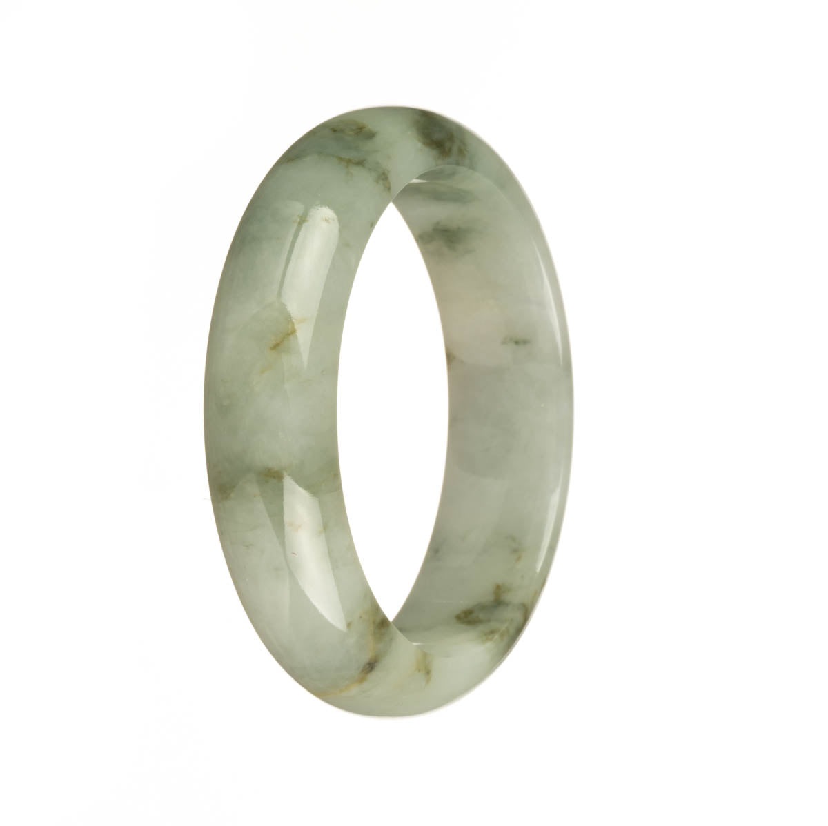 Certified Grade A White with Olive Green Pattern Jadeite Jade Bangle Bracelet - 55mm Half Moon