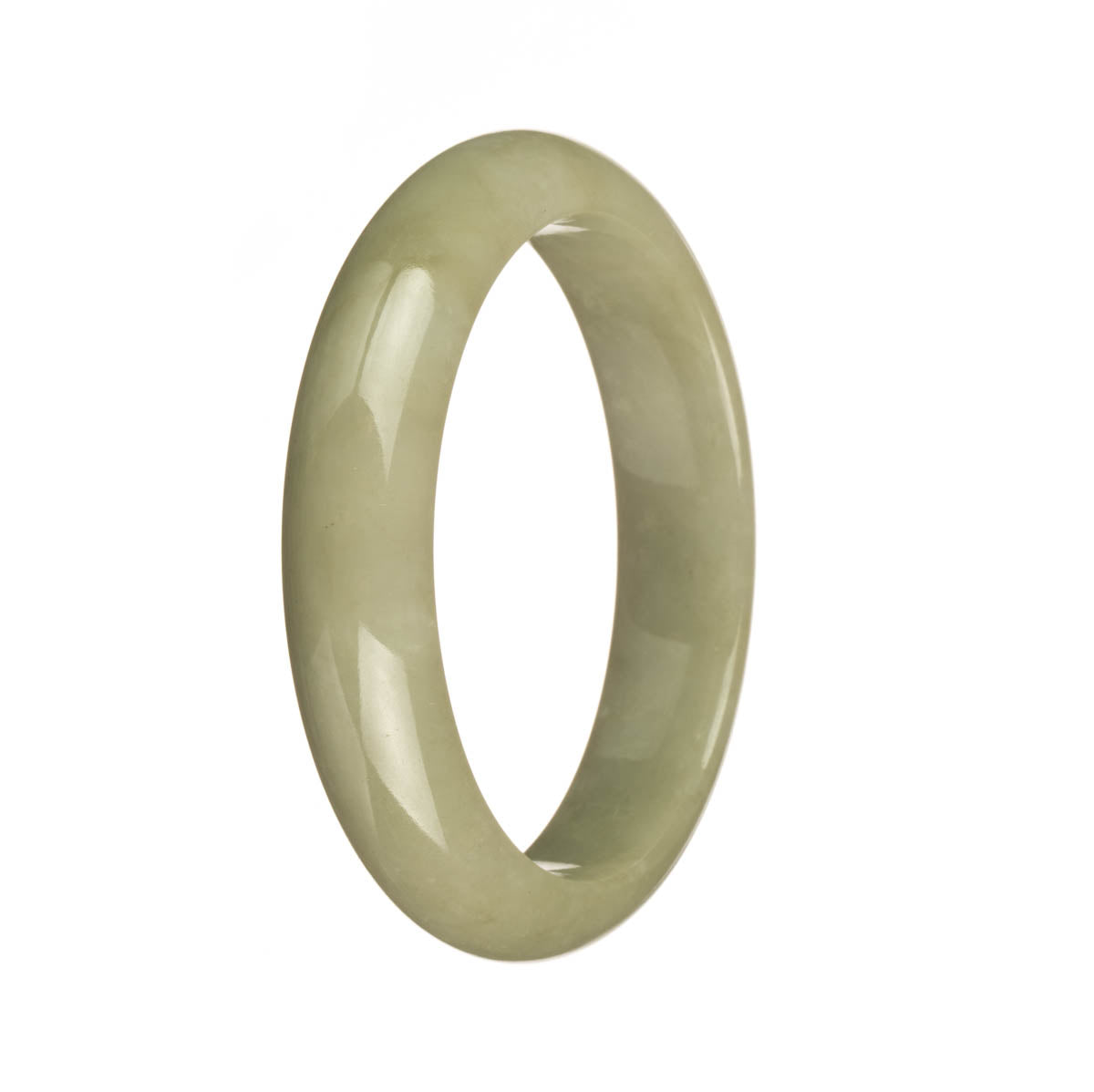 A close-up photo of a genuine Grade A olive green Burma jade bangle bracelet. The bracelet has a smooth, polished surface with a half moon shape. It measures 57mm in diameter. The jade stone is of high quality and exhibits a beautiful green color.