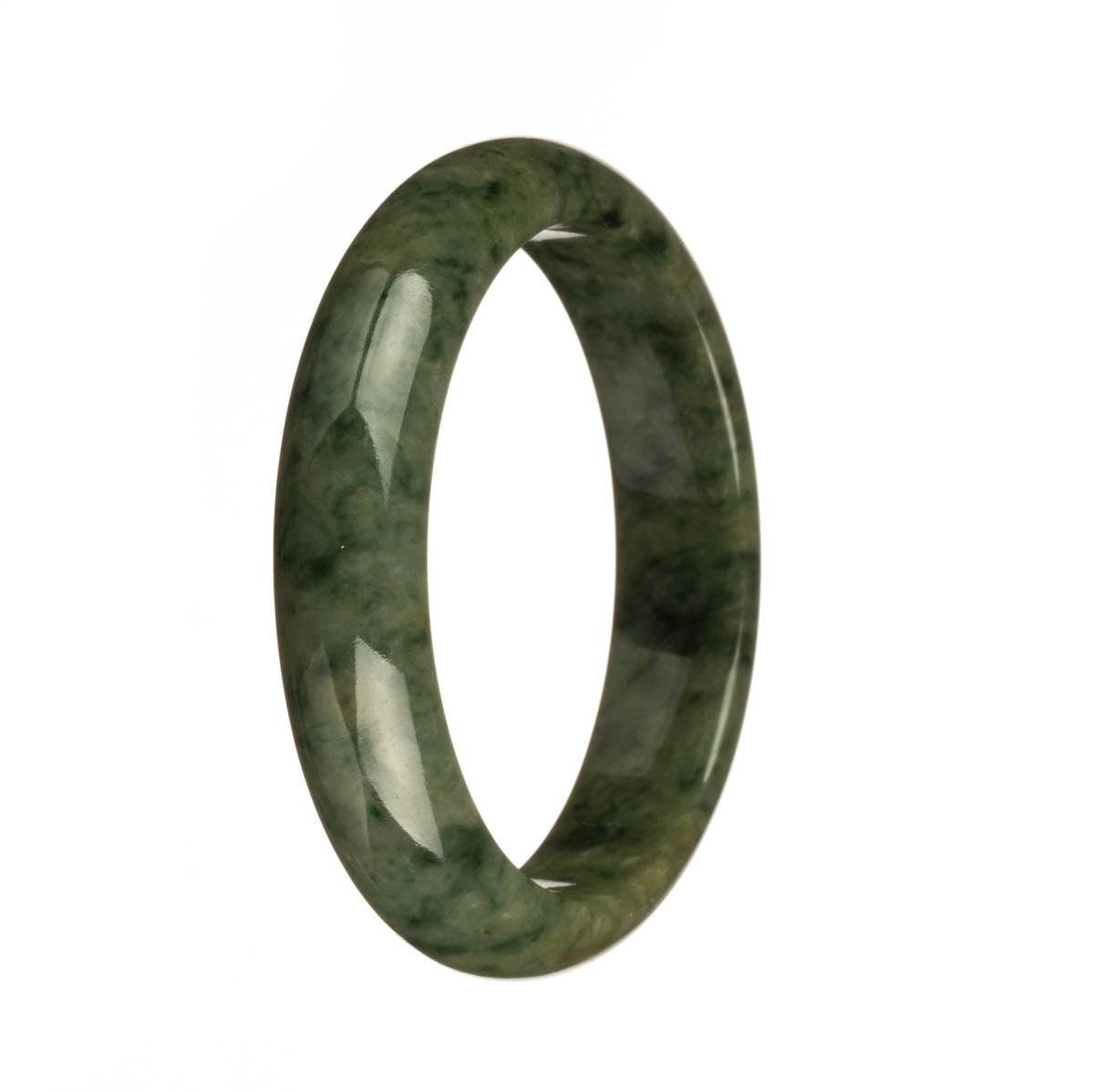 A stunning jade bangle bracelet in olive green with a unique green pattern, certified untreated. This bracelet features a 58mm half moon shape, perfect for adding a touch of elegance to any outfit. From the MAYS collection.