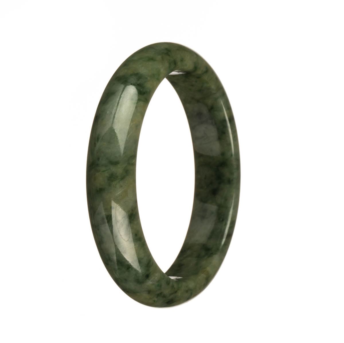 A close-up image of a beautiful olive green and green patterned jadeite jade bracelet. The bracelet is in a half-moon shape and measures 58mm in diameter. The intricate patterns on the jadeite jade are mesmerizing.