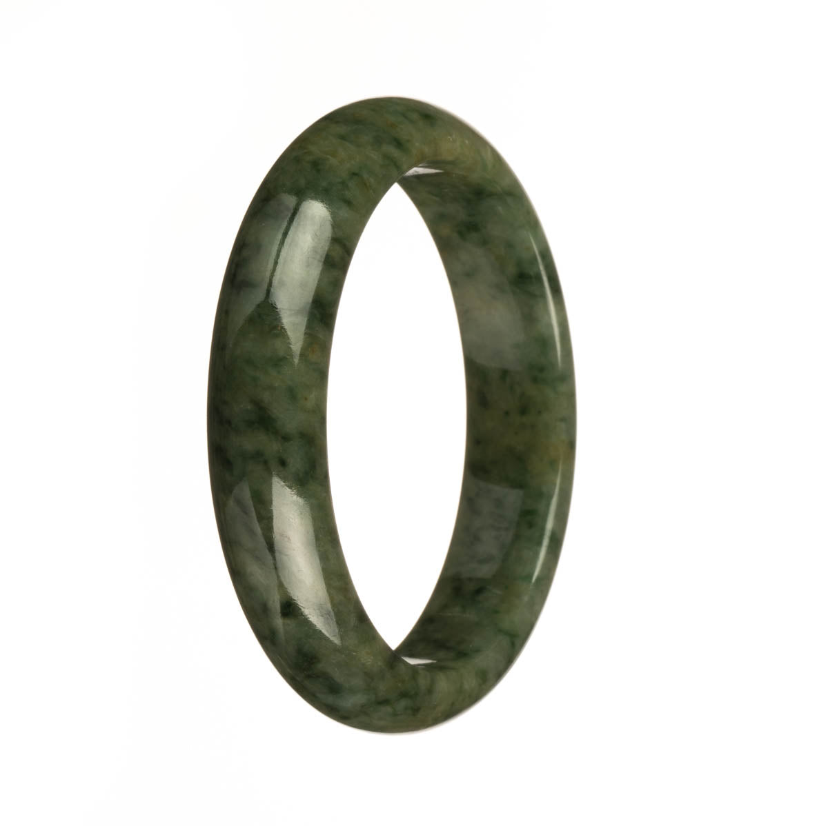 Certified Untreated Olive Green with Green Pattern Burmese Jade Bangle Bracelet - 58mm Half Moon