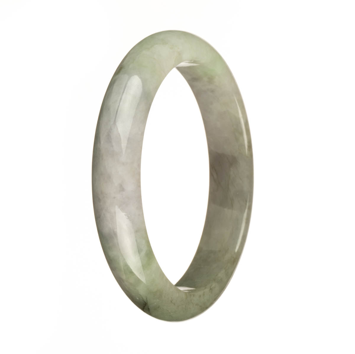 A beautiful half moon shaped Burma Jade bangle with a unique greyish lavender and green coloration.