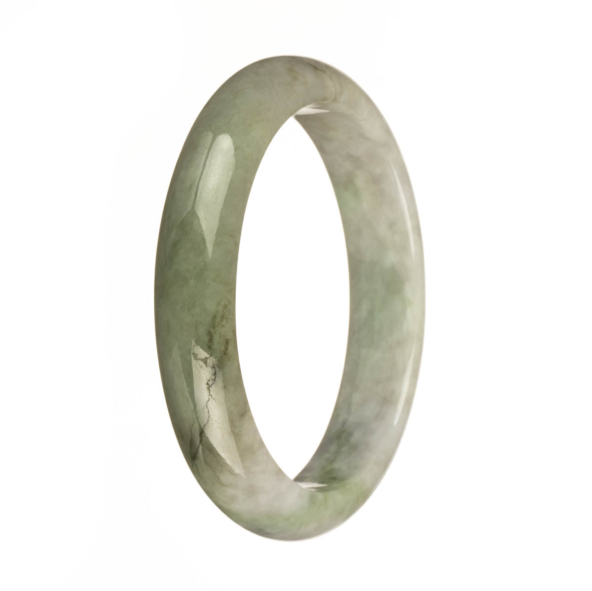 A half moon-shaped bangle made of authentic, untreated greyish lavender and green jadeite, measuring 62mm in size. Perfect for adding a touch of elegance and natural beauty to any outfit.