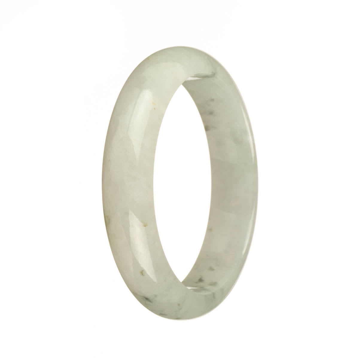 A close-up of a stunning jade bangle bracelet with a half-moon shape. The jade is certified Type A, icy white in color with beautiful grey specks. The bracelet measures 57mm in diameter and is a true gem in any jewelry collection.