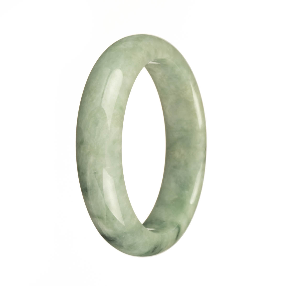 A close-up photo of an exquisite jade bracelet. The bracelet is made of Grade A green jadeite jade, featuring dark green patterns and apple green spots. It has a unique half-moon shape, measuring 57mm in diameter. A stunning piece from MAYS GEMS.