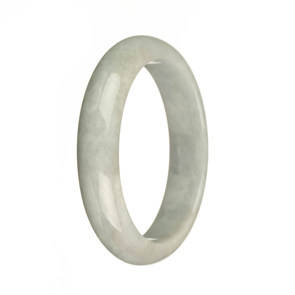 A close-up image of a genuine Type A greyish lavender Burma jade bangle. The bangle features a smooth half-moon shape, measuring 59mm in diameter. Manufactured by MAYS.