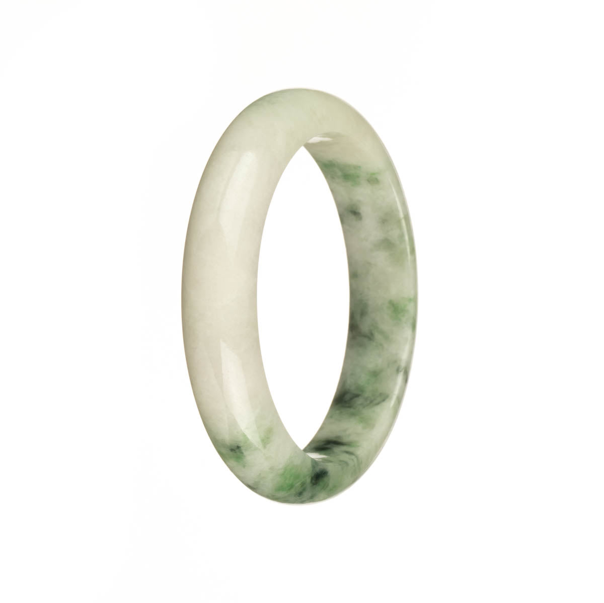 A close-up image of an authentic Type A white jade bangle bracelet with green and apple green patterns. The bracelet has a traditional design and a 51mm half moon shape. It is a product from the brand MAYS™.