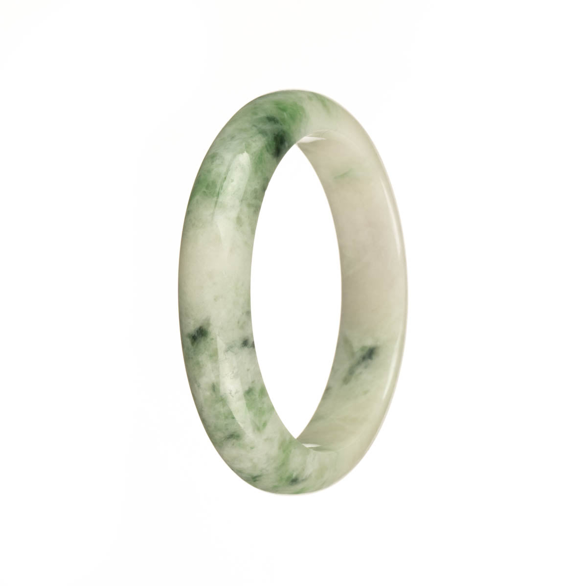 Close-up image of a beautifully crafted jadeite bangle with a half-moon shape. The bangle features a stunning combination of white, green, and apple green patterns.