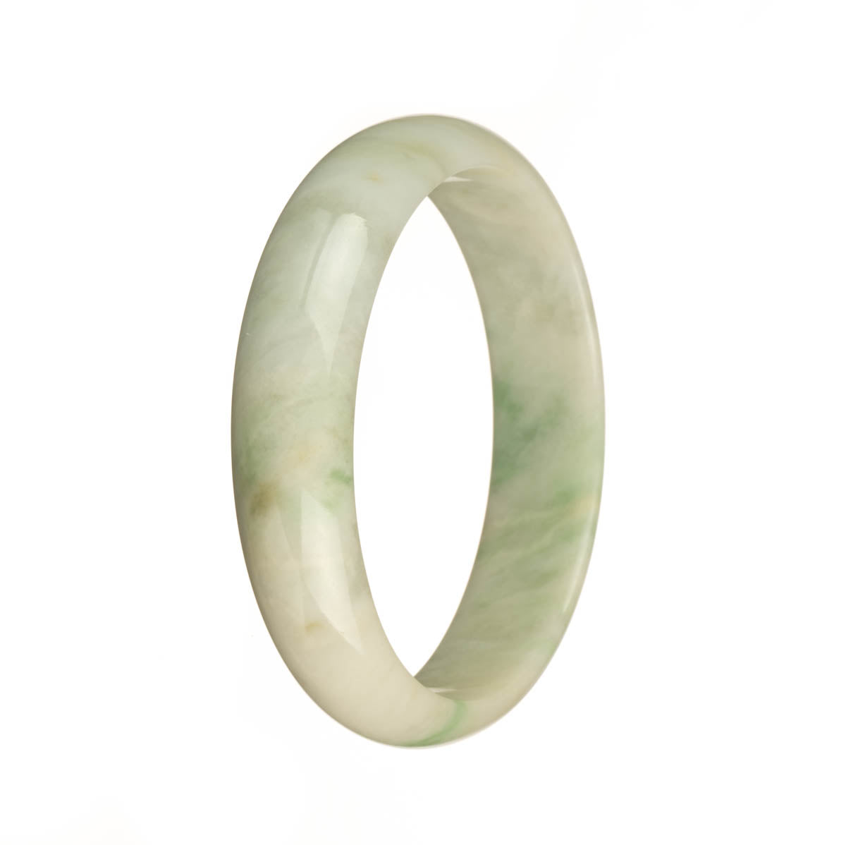 A stunning traditional jade bangle in white with apple green patterns, featuring a half moon shape. A beautiful and authentic piece from MAYS GEMS.