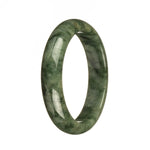 A close-up photo of a half-moon shaped, green pattern jade bracelet with an authentic grade A quality. The bracelet measures 59mm in diameter and is sold by MAYS.