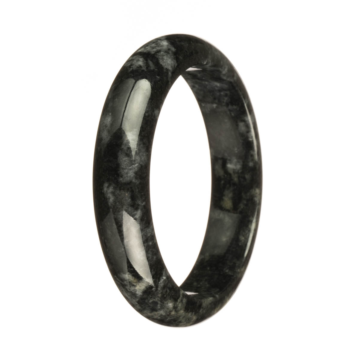 A close-up image of a certified Type A black jade bangle with yellow patches. It has a half-moon shape and measures 62mm in size. Manufactured by MAYS.