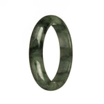 A dark green Burmese jade bracelet with a half moon pattern, showcasing its natural beauty.
