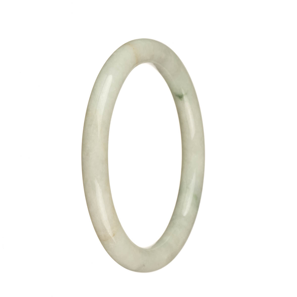 A close-up photo of a petite round jadeite bangle bracelet with a genuine natural white color and distinct green patterns. The bracelet is made by MAYS™ and measures 59mm in diameter.
