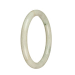 A close-up photo of a petite round jadeite bangle bracelet with a genuine natural white color and distinct green patterns. The bracelet is made by MAYS™ and measures 59mm in diameter.