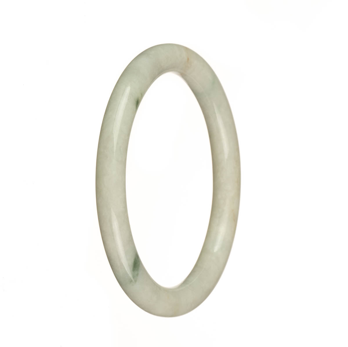 A petite round jade bangle with real natural white color and green patterns. Perfect for adding a touch of elegance to any outfit.