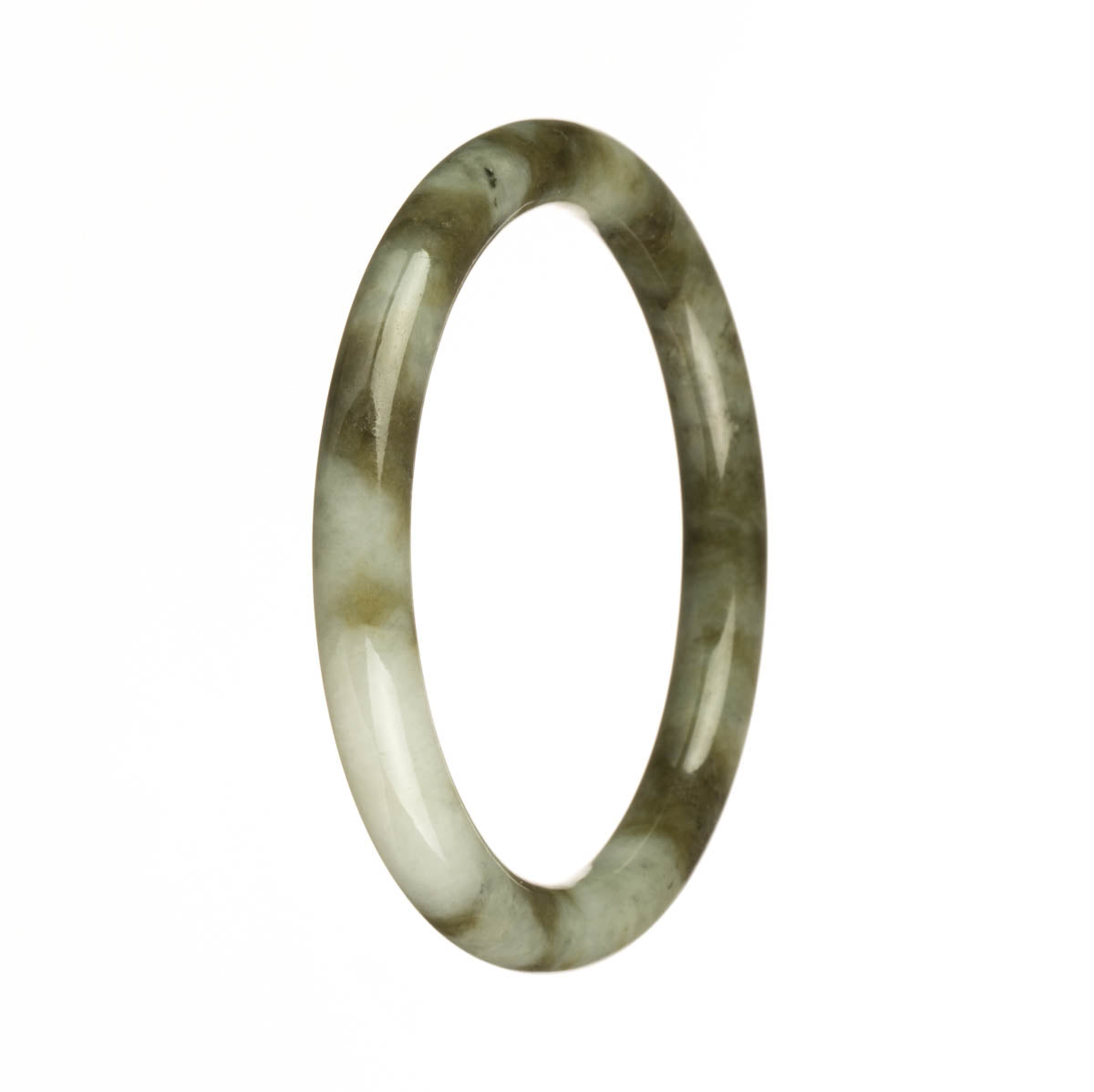 Genuine Grade A White with Olive Green Pattern Jadeite Bangle - 60mm Petite Round