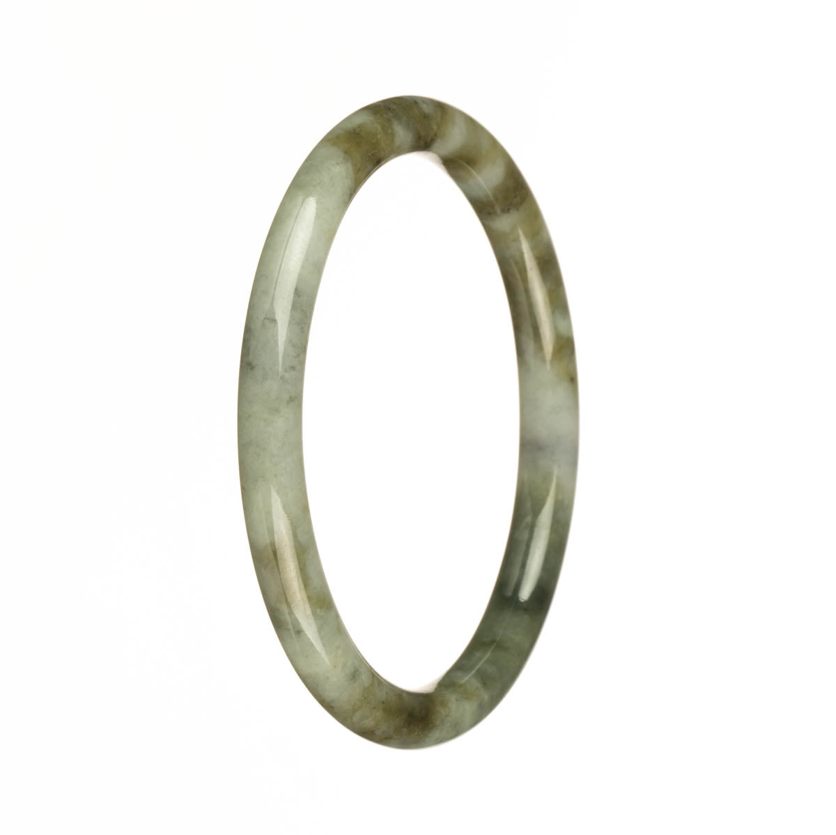 A small round jade bangle with a natural white color and olive green pattern, perfect for a traditional look.