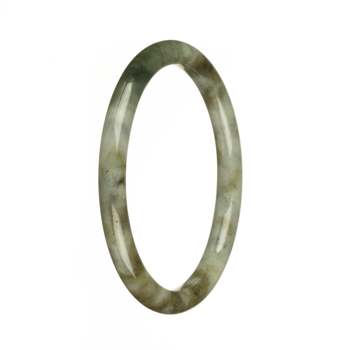 An elegant and delicate jade bracelet made of Grade A White Jade with a beautiful Olive Green Pattern. The bracelet measures 62mm in diameter and features a petite round design. Designed and crafted by MAYS™, this bracelet exudes authenticity and timeless beauty.