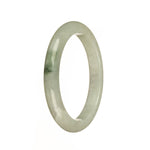 A close-up image of a white and green jade bangle bracelet with a semi-round shape. The bracelet has an authentic Type A designation and features a intricate green pattern on the white surface. The bracelet is 55mm in size and is sold by MAYS™.