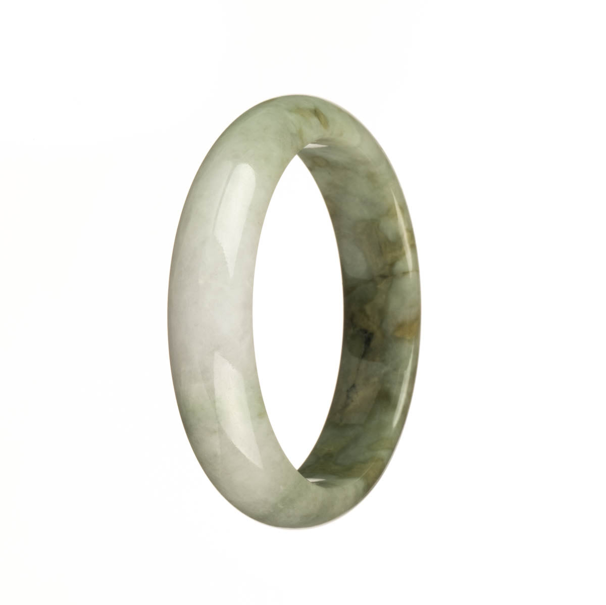 A beautiful bracelet made of genuine untreated white and light green jadeite jade, featuring olive green patterns. The bracelet is in the shape of a 54mm half moon. Sold by MAYS GEMS.