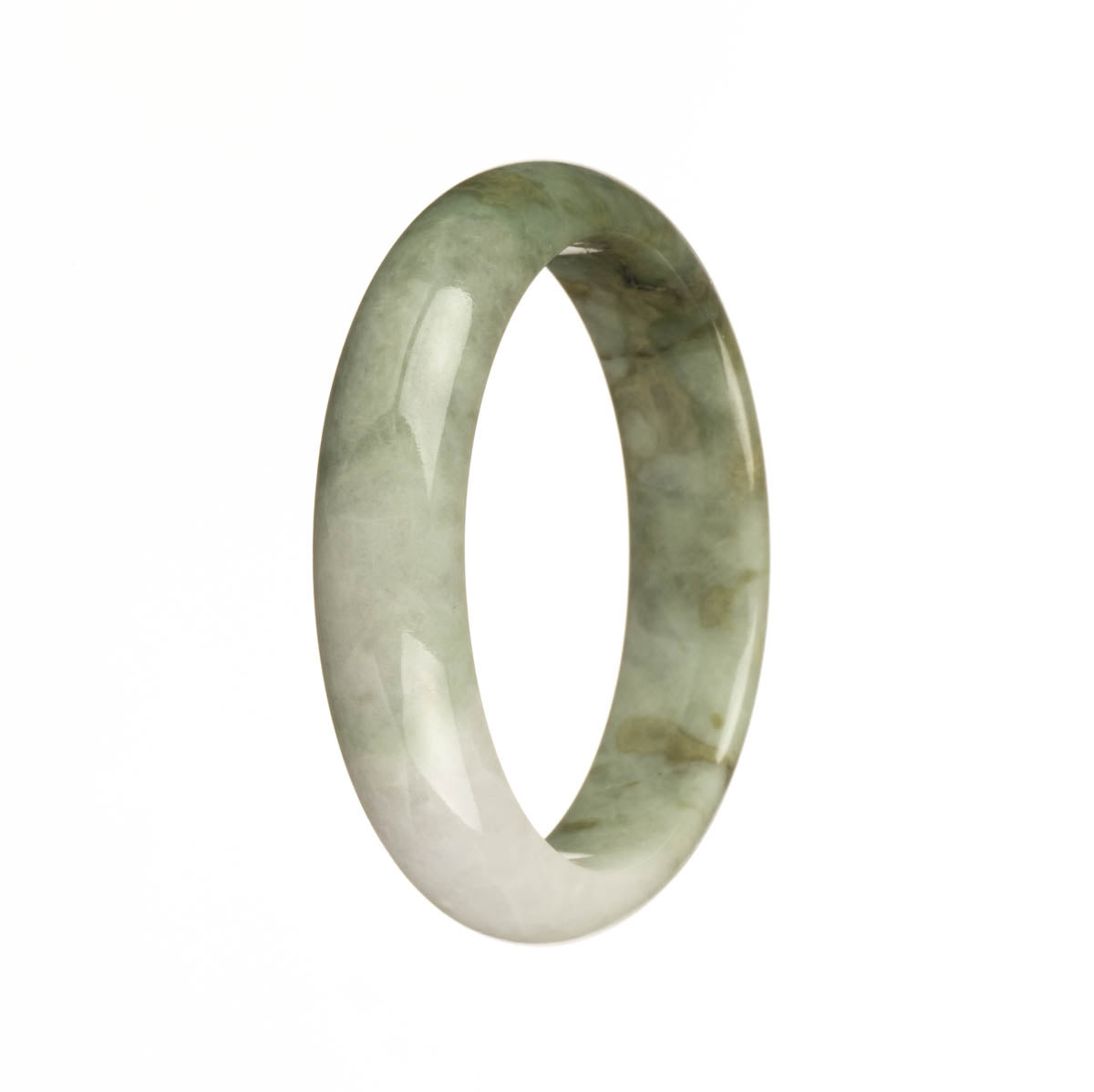 Real Grade A White and Light Green with Olive Green Patterns Burmese Jade Bangle Bracelet - 54mm Half Moon