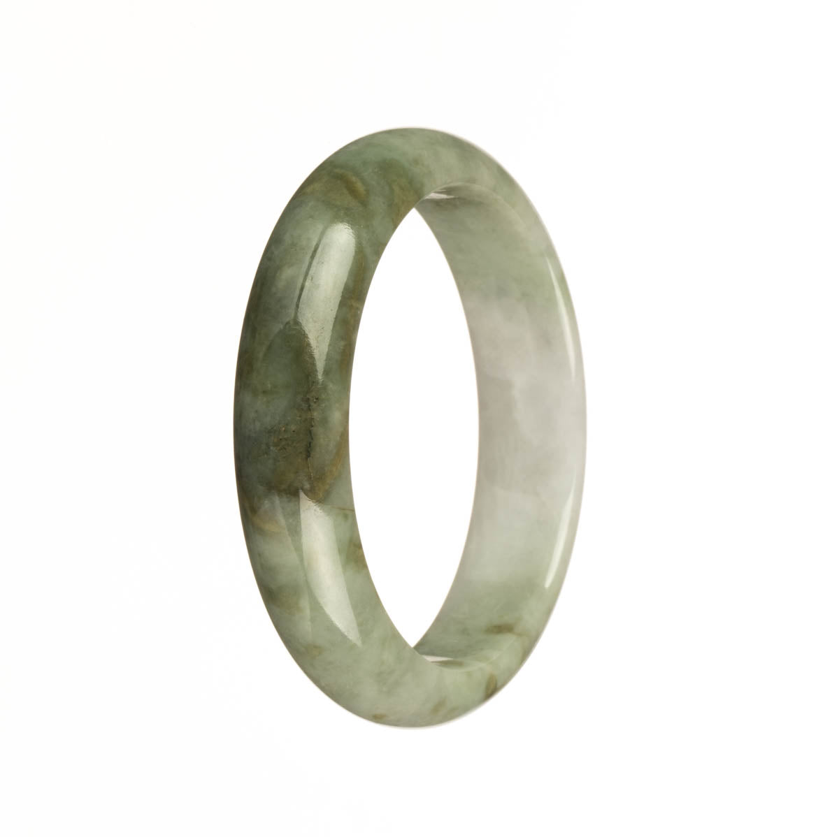 A stunning Burmese Jade bangle bracelet featuring a Real Grade A White and Light Green with Olive Green Patterns. The bracelet is shaped like a 54mm Half Moon and is a beautiful addition to any jewelry collection. From MAYS™.
