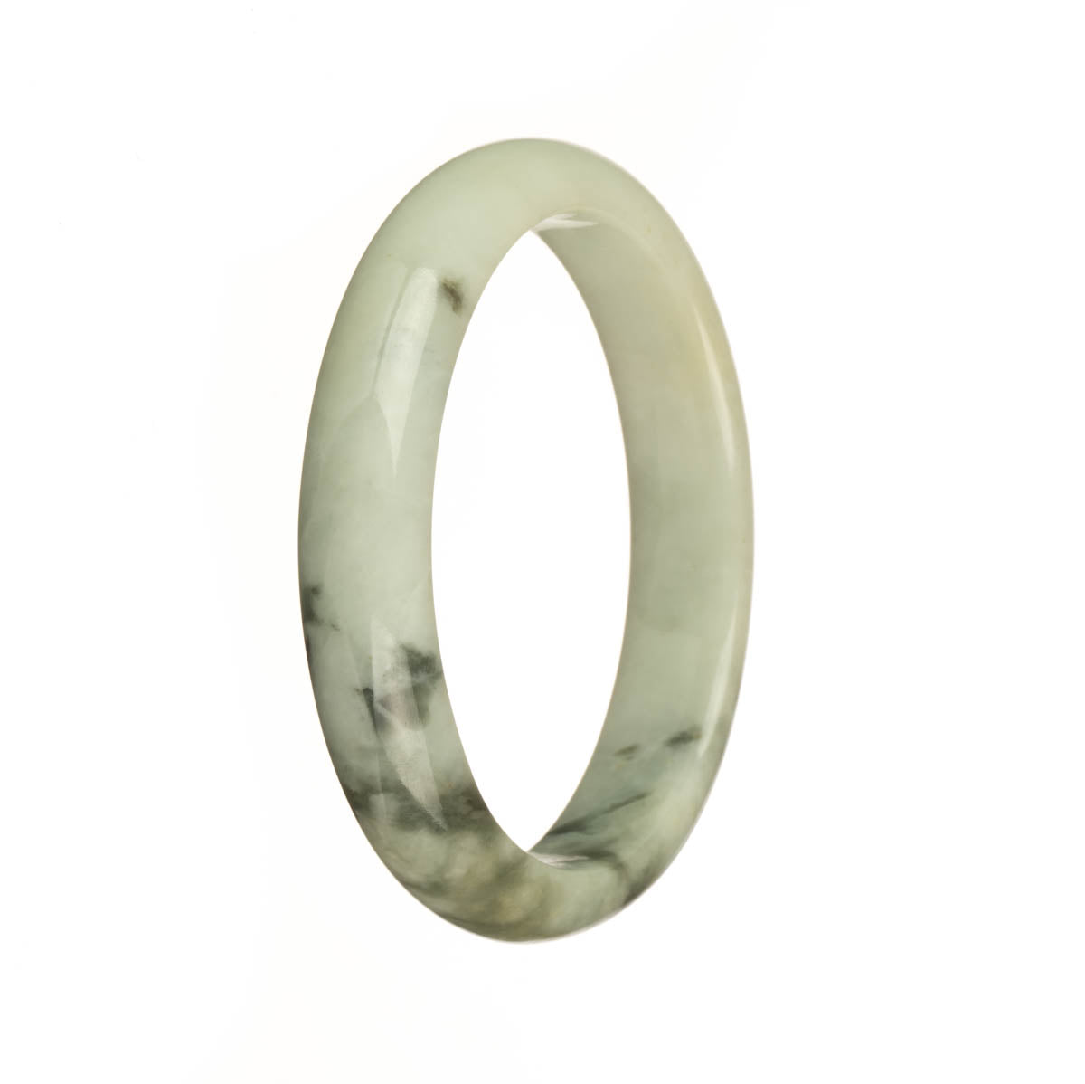 Certified Grade A White and Dark Green Patterns Jadeite Bangle Bracelet - 57mm Half Moon