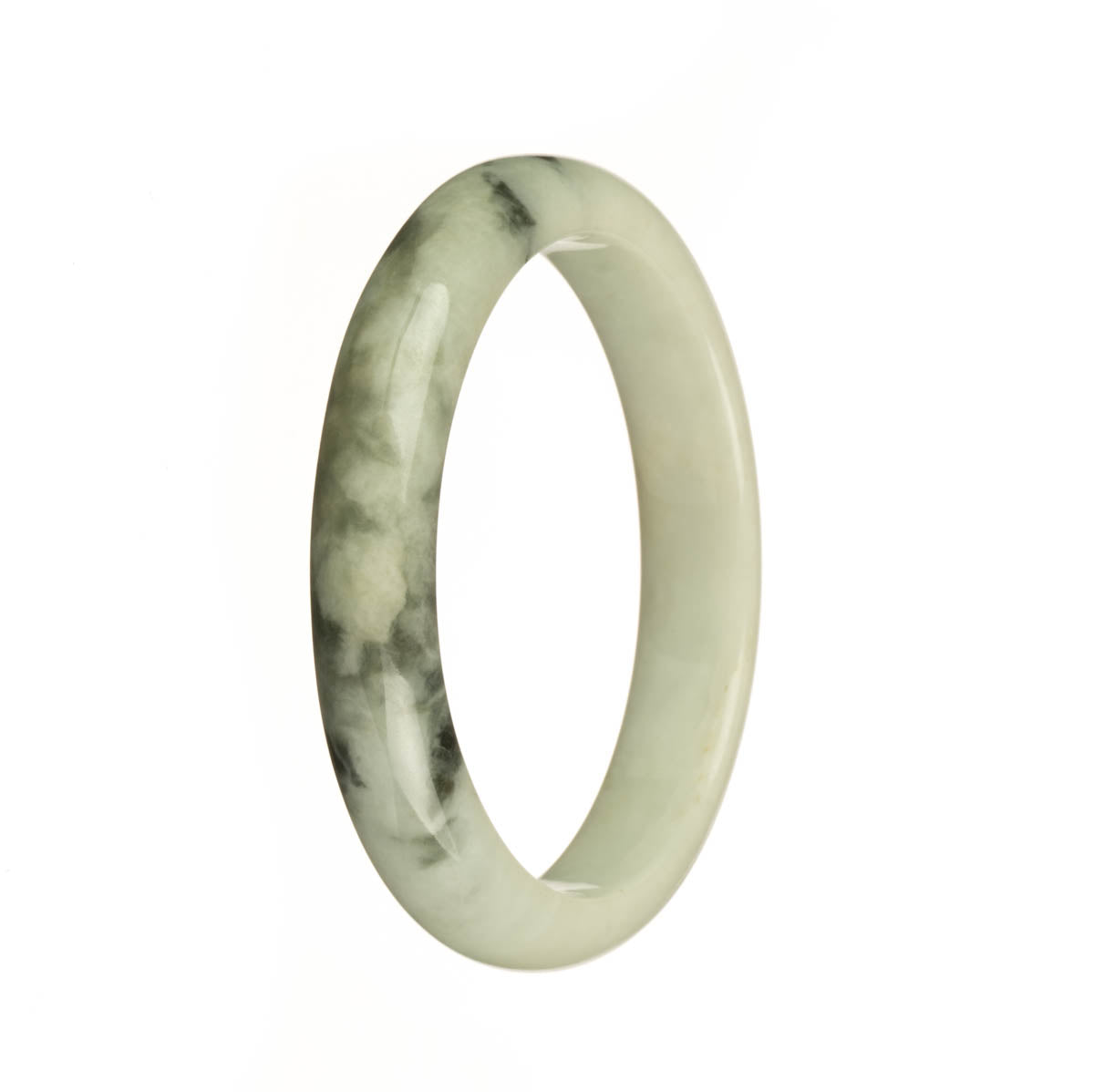 A close-up image of a Grade A white and dark green jadeite bangle bracelet. The bracelet is in a half-moon shape and measures 57mm in diameter. It features intricate patterns on the surface, showcasing the natural beauty of the jadeite. This bracelet is certified and made by MAYS, a trusted brand in jadeite jewelry.