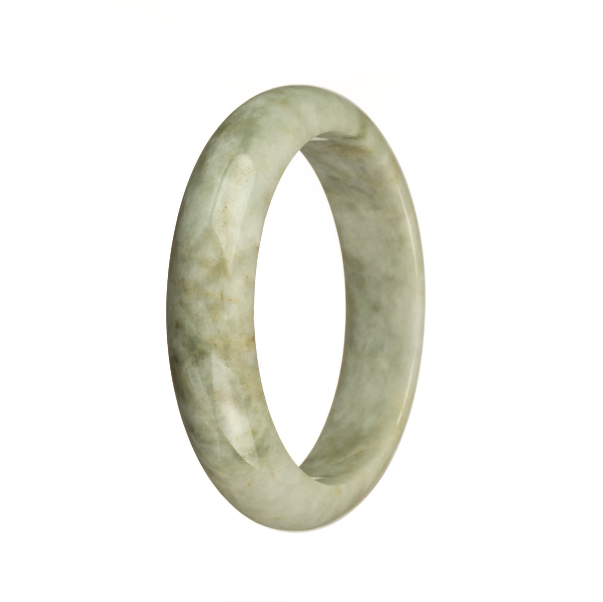 A close-up image of a bracelet made of genuine Grade A Burmese jade. The jade has a grey color with intricate brown patterns. The bracelet is in the shape of a half moon and has a diameter of 55mm. It is a product from the brand MAYS.