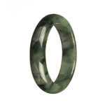 A close-up image of an authentic Type A Green Jade Bangle Bracelet with dark green patterns. The bracelet is a traditional style and has a 57mm diameter in a half moon shape. This piece is from the MAYS collection.