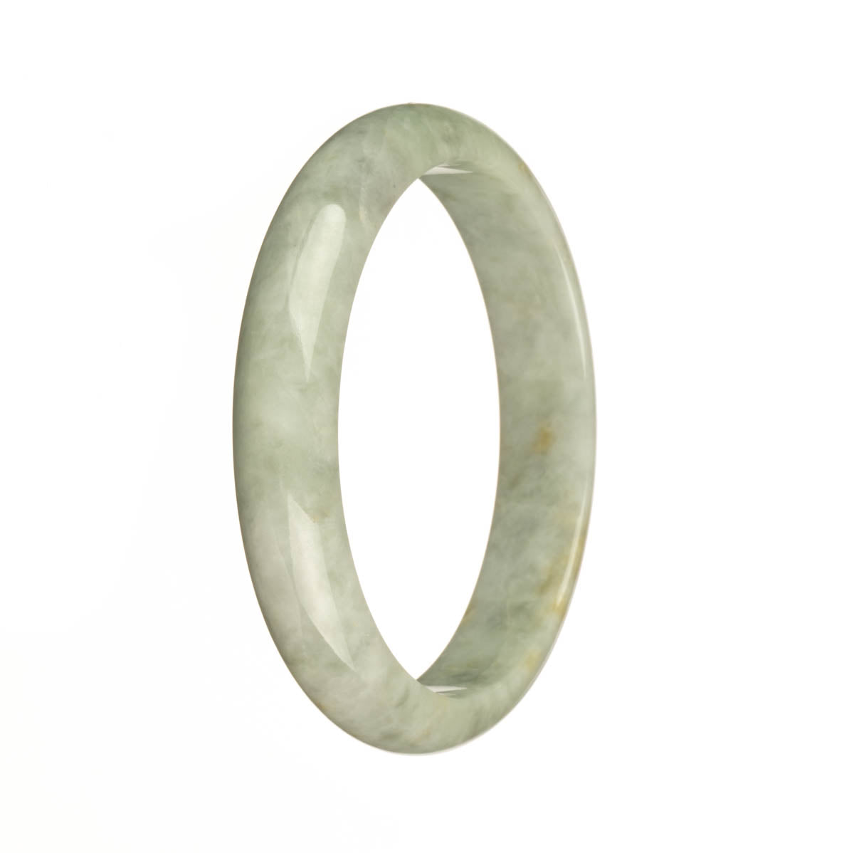 A close-up image of a jadeite bracelet in a natural greyish green color with brown patterns. The bracelet is in the shape of a half moon and has a diameter of 60mm.