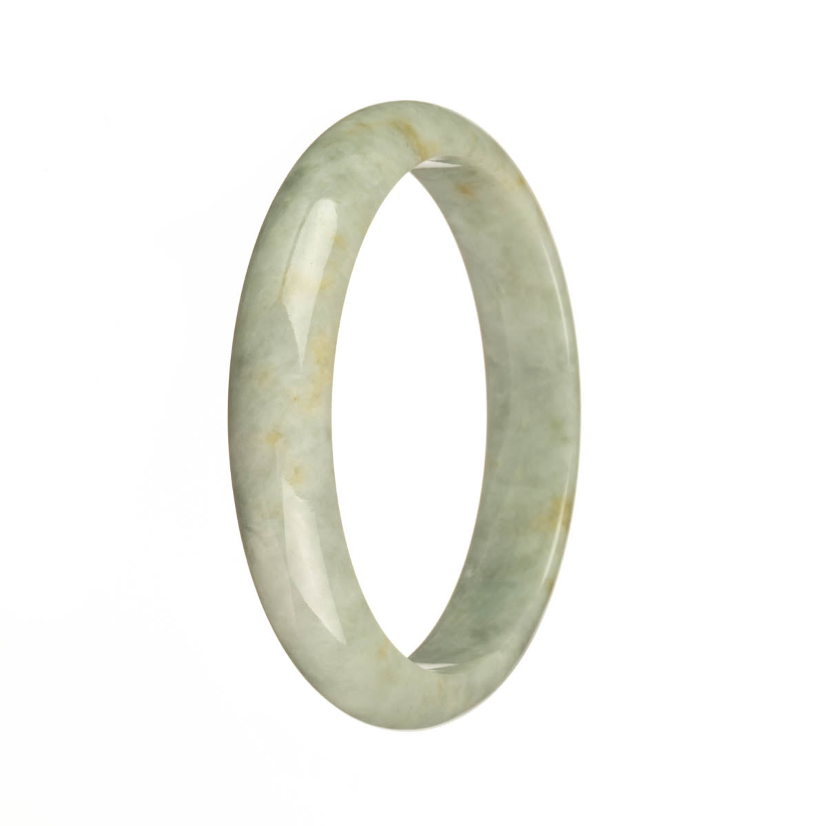 A beautiful Burma Jade bangle bracelet with a genuine Grade A Greyish Green color and unique Brown patterns. The bracelet has a 60mm size and features a stylish half moon shape. Designed by MAYS™.