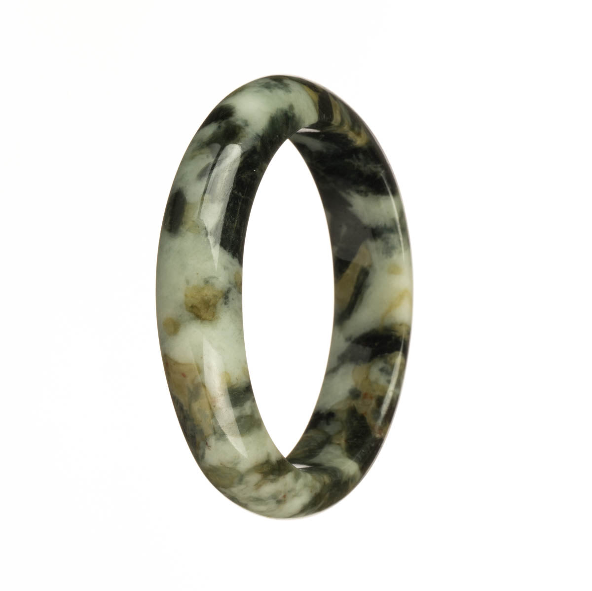 A close-up photo of a beautiful grey jade bangle with brown and black patterns. The bangle is 56mm in size and has a unique half moon shape. Perfect for those who appreciate genuine jadeite jade.
