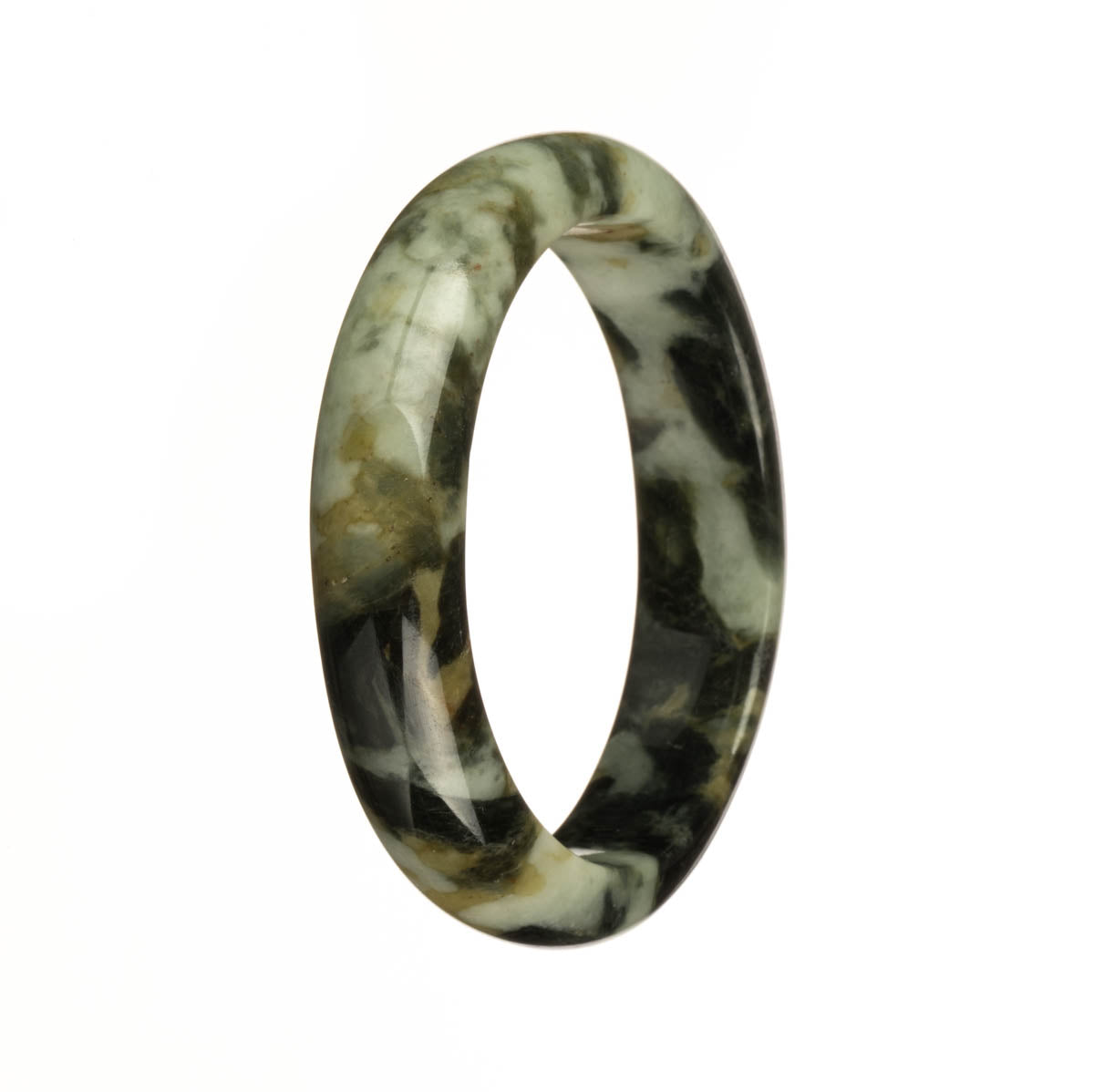 A close-up view of a jade bangle bracelet, showcasing its natural grey color with intricate brown and black patterns. The bracelet is in the shape of a half moon and measures 56mm in diameter. This unique piece is from the MAYS™ collection.