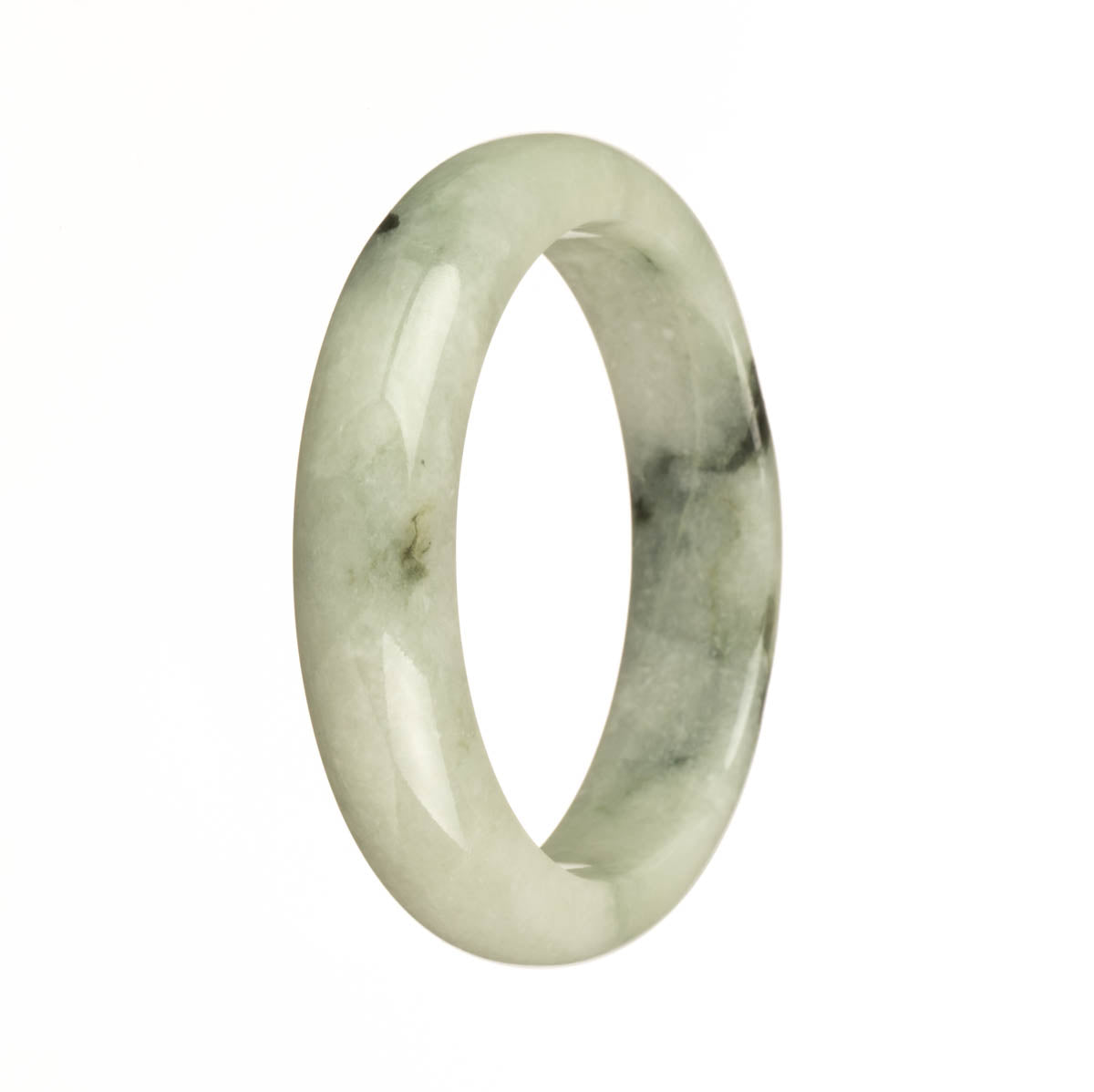 A beautiful white jade bangle with dark green patterns, made from genuine Grade A jadeite. The bangle has a 57mm diameter and a half moon shape. Sold by MAYS GEMS.