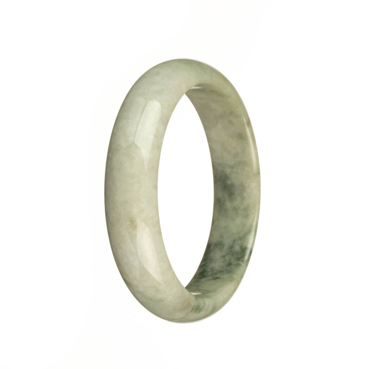 A beautiful grey and green jadeite bangle bracelet with intricate green patterns, crafted with authentic Grade A jadeite. The bracelet is in a 55mm half moon shape and is the perfect accessory to add a touch of elegance to any outfit.