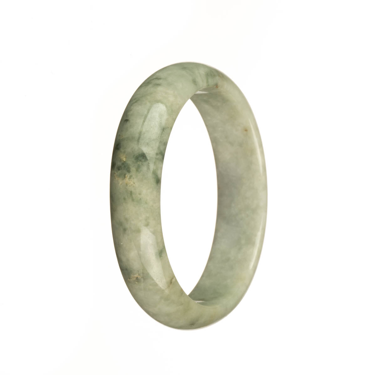 A close-up image of a traditional jade bangle with grey and green colors and intricate green patterns. The bangle is shaped like a half moon and has a 55mm diameter. This bangle is a genuine Type A jade piece from MAYS™.