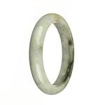 A close-up image of a Grade A grey jade bangle with a dark green pattern, shaped like a half moon. The bangle has been certified and is from the MAYS™ collection.