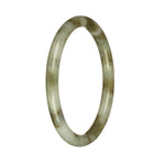 A close-up photo of a genuine Burma jade bangle bracelet with grey and olive green patterns. The bracelet is round and petite, measuring 61mm in diameter. It is a beautiful piece of jewelry from MAYS GEMS.
