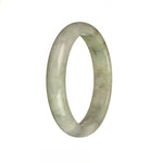 A close-up photo of a jade bangle bracelet with a light grey color and olive green and brown patterns. The bracelet is in a half-moon shape and has a diameter of 53mm. This genuine jadeite jade bracelet is untreated and sourced from MAYS GEMS.