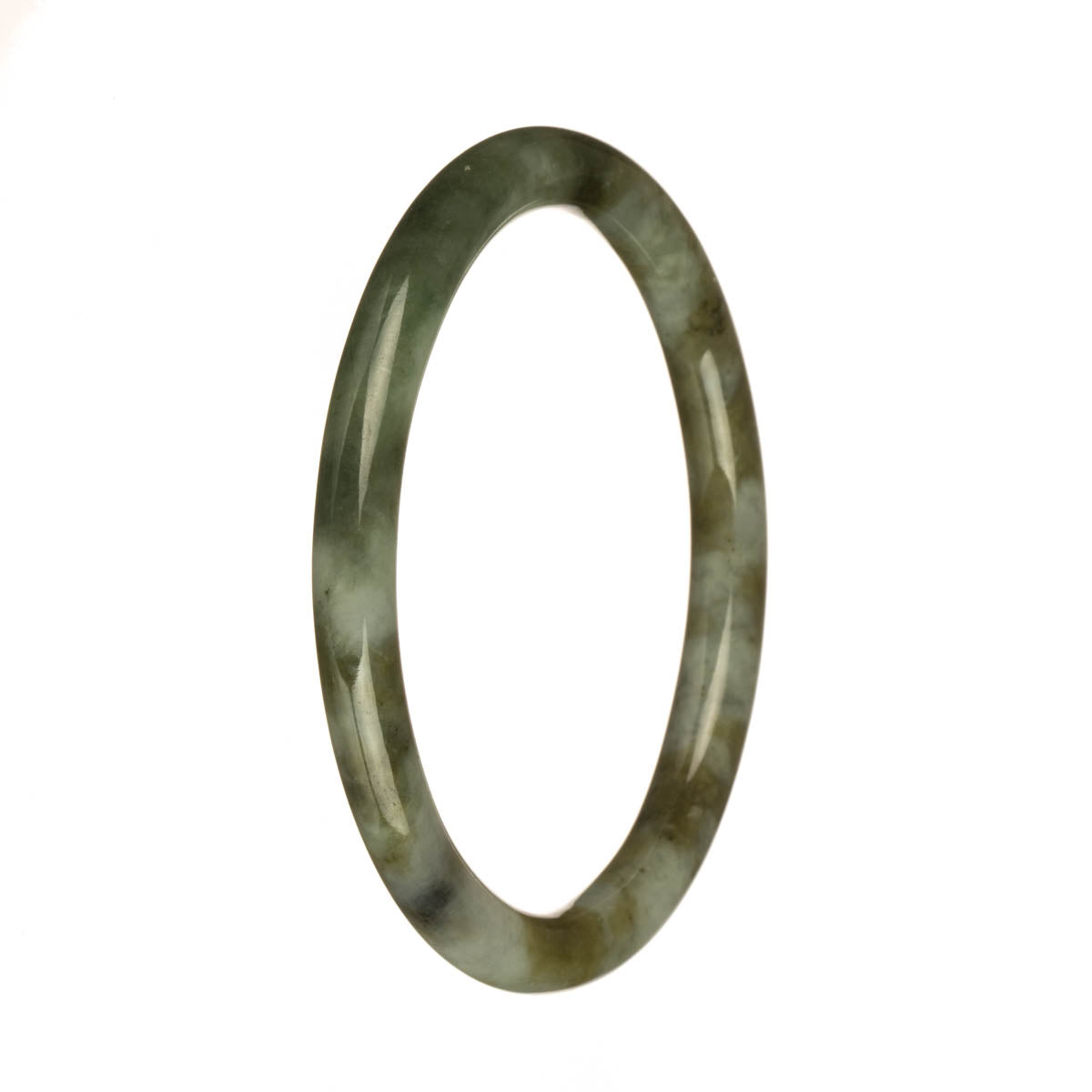 Genuine Untreated Light Grey with Olive Green and Green Patterns Traditional Jade Bangle - 61mm Petite Round